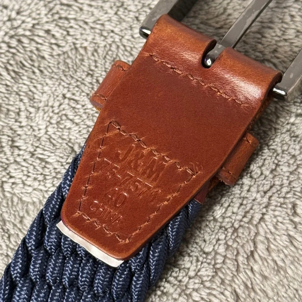 Johnston & Murphy Woven Belt Mens 40 Navy Blue Braided Elastic Leather Trim